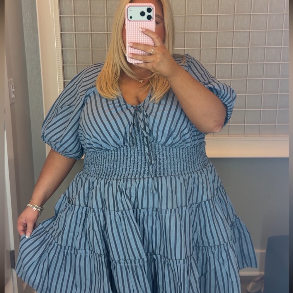 Plus Size Blue Striped Smocked Waist Dress
